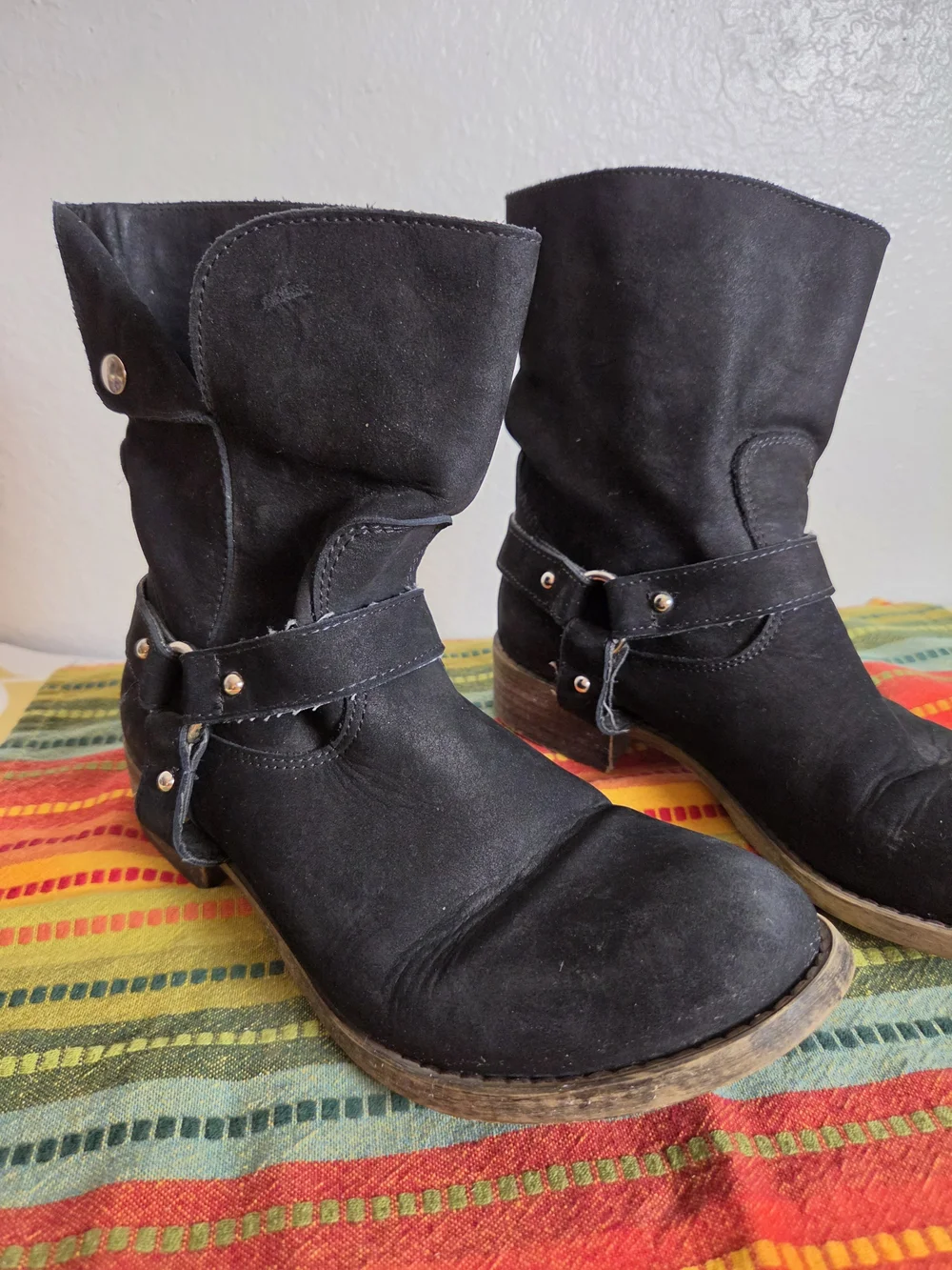 Black Suede Women's Mid-Calf Harness Boots Made In Italy Size 40 US Size 9